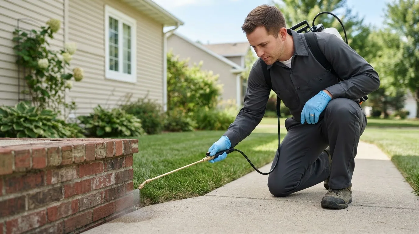Pest control technician treating a home near Wilmington, MA