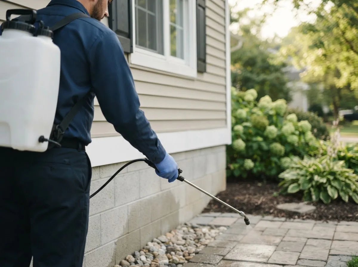 Pest control technician inspecting a home in Wilmington, MA